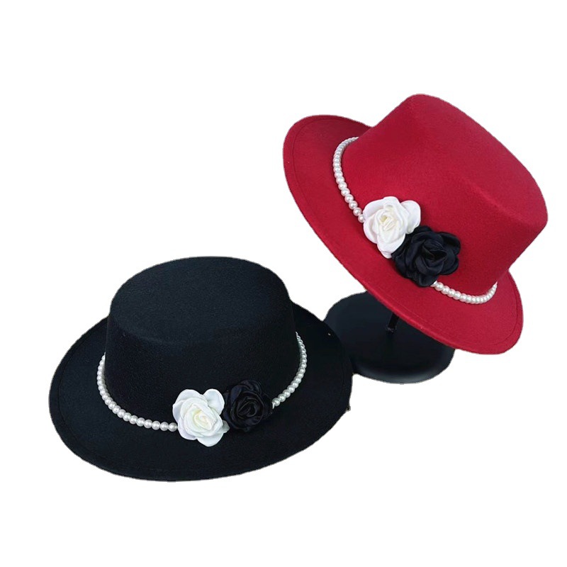 Vintage Top Hat Female Pearl Chain Flower Woolen Flat Hat