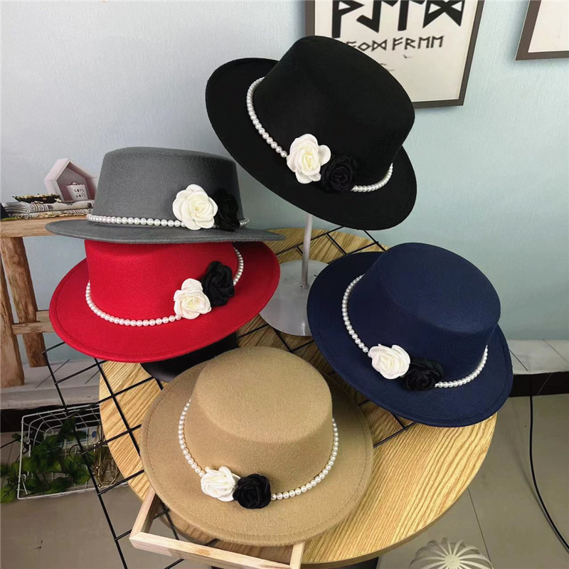 Vintage Top Hat Female Pearl Chain Flower Woolen Flat Hat