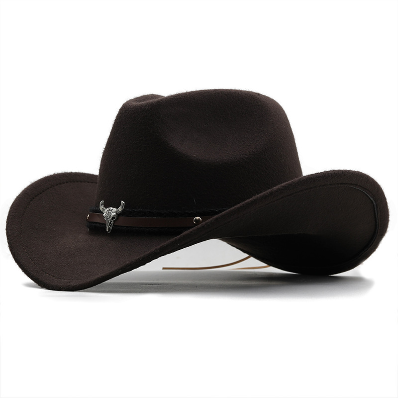Metal Bull Head Label Western Denim Top Woolen Fedora Hat