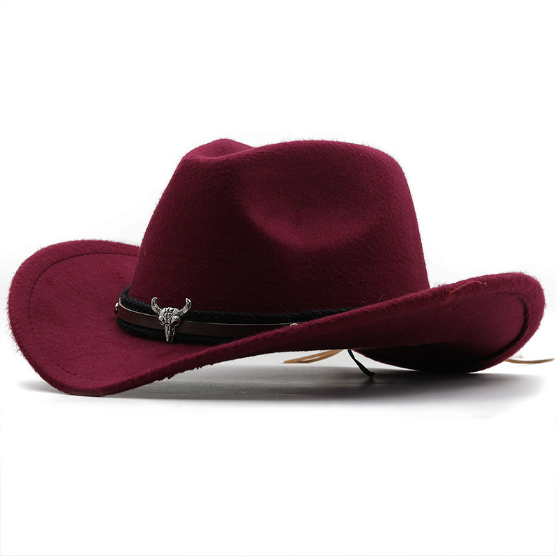 Metal Bull Head Label Western Denim Top Woolen Fedora Hat
