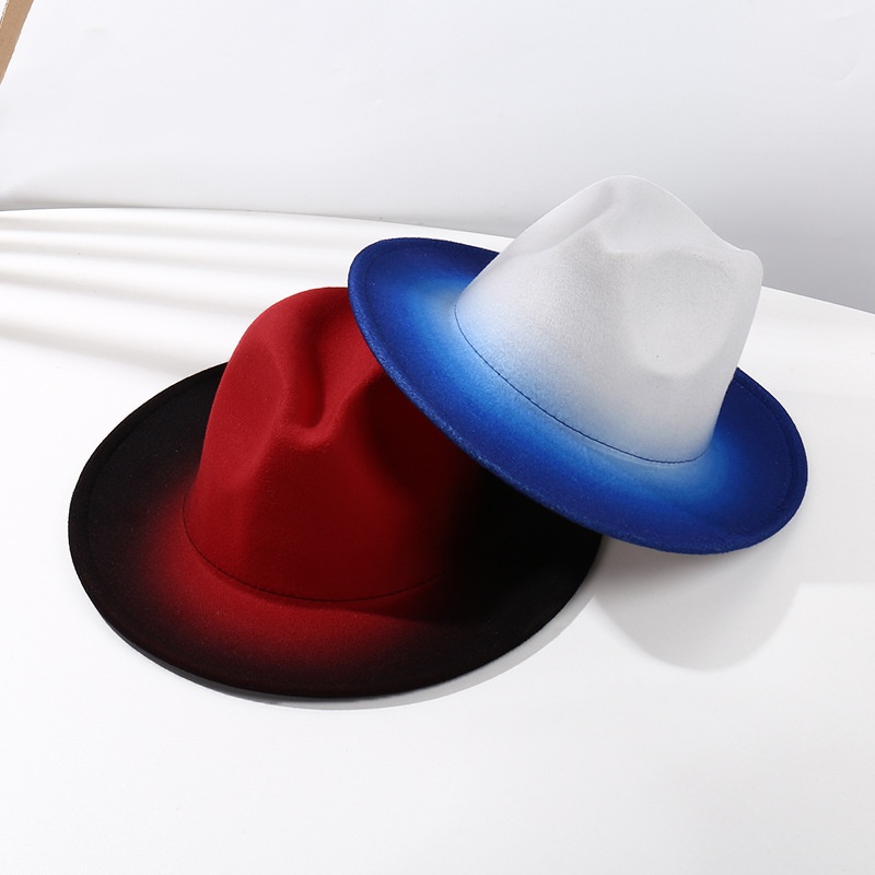 Fashion Gradient Color Fedora Hat Flat Brim Woolen Felt Hat