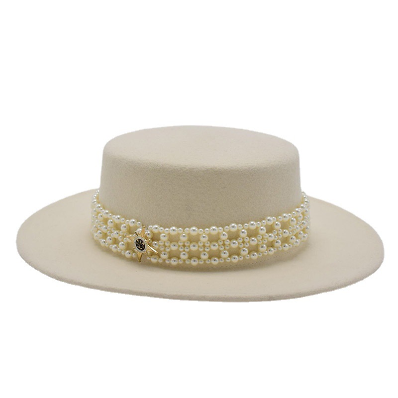 Wide Brim Flat Top Woolen Hat Women's Pearl Chain Felt Cap