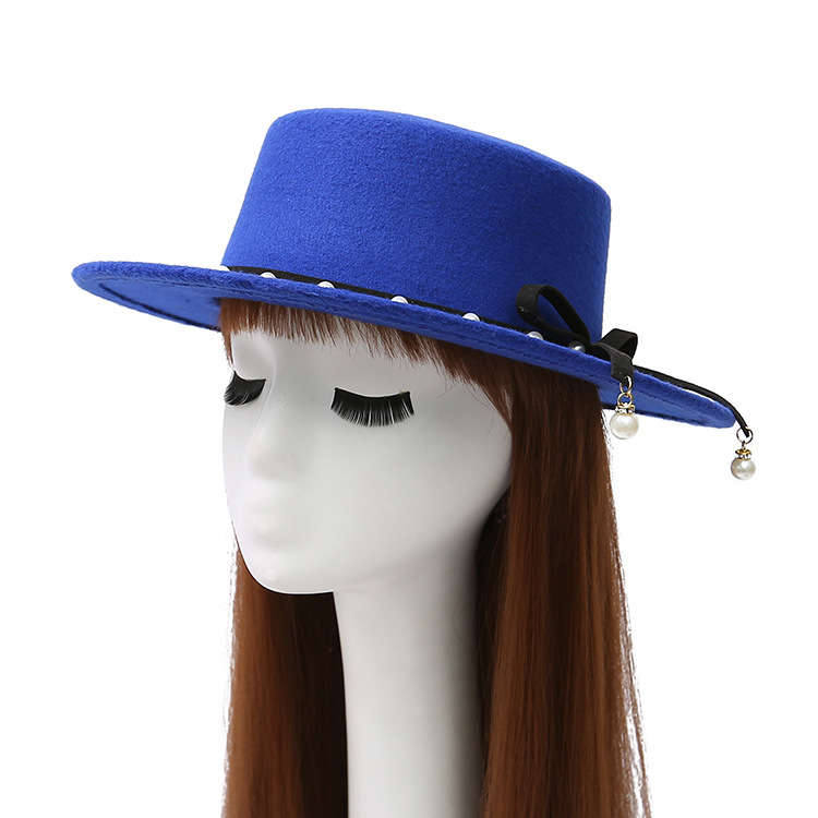 Flat Top Hat Women's Pearl Wool Felt Hat