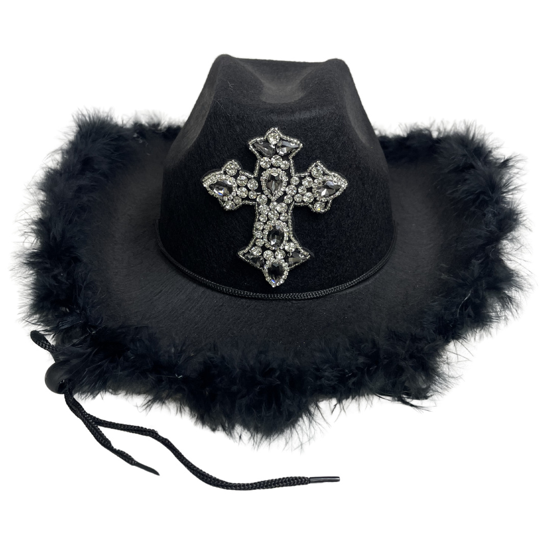 Rhinestone Burr Cowboy Hat Diamond Cross Black Performance Cap