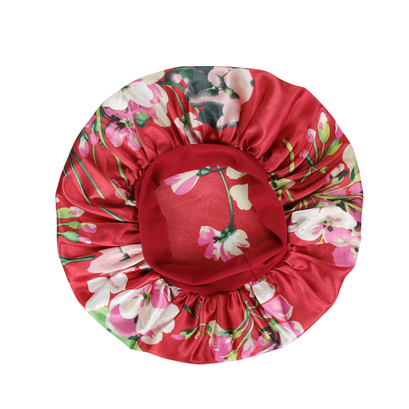 New Satin Print Nightcap Wide-brimmed Elastic Shower Cap