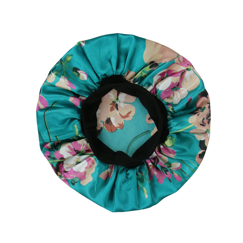 New Satin Print Nightcap Wide-brimmed Elastic Shower Cap