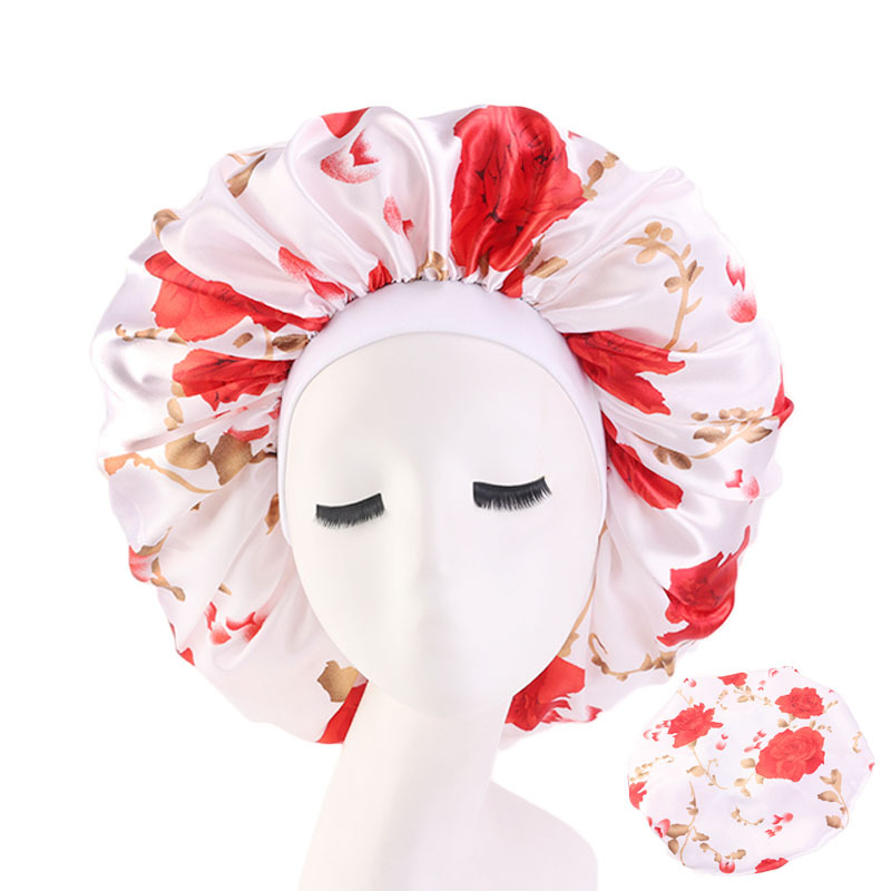 Extra Large Satin Print Nightcap Wide Edge Stretch Round Cap