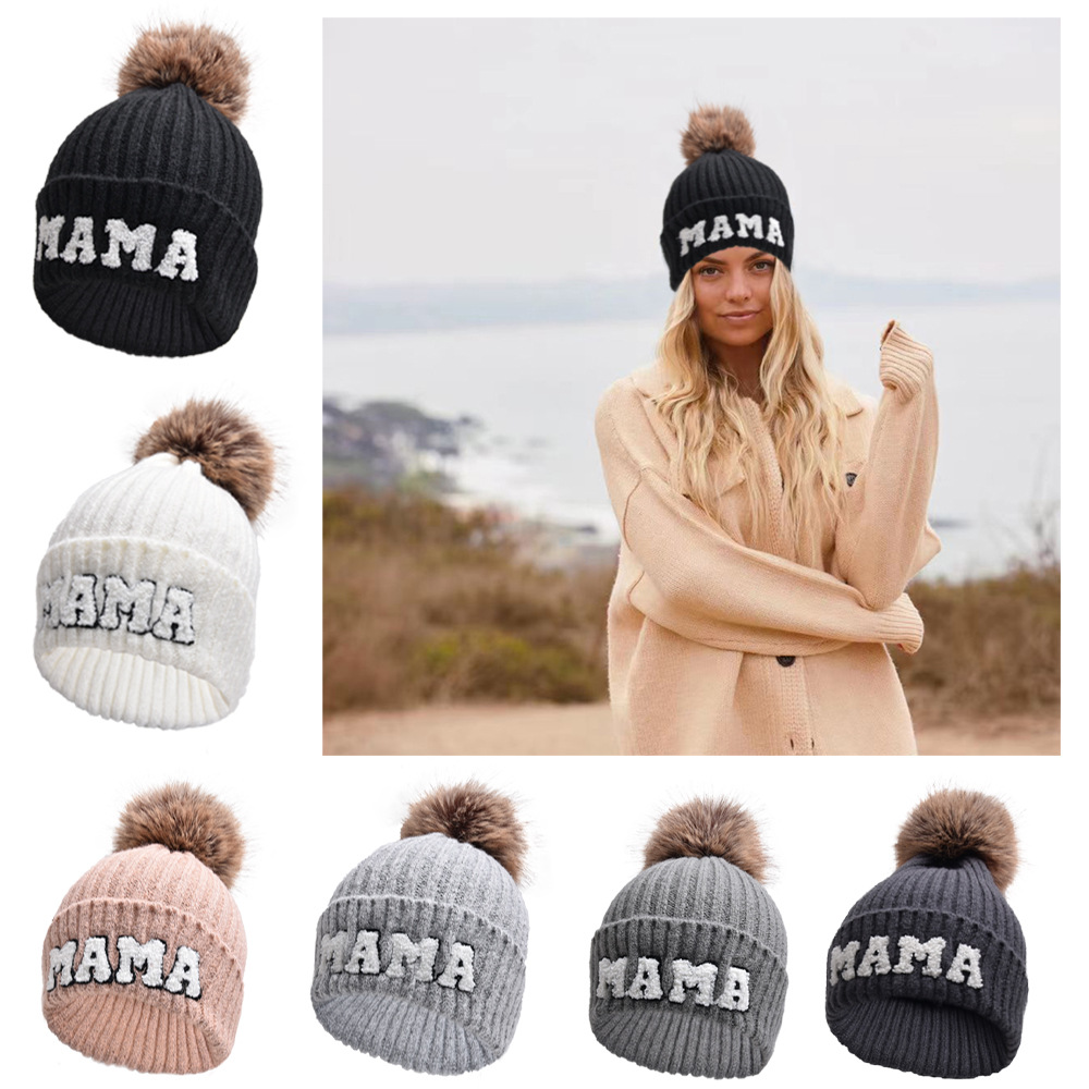 Letter MAMA Woolen Cap Outdoor Fur Ball Warm Hat