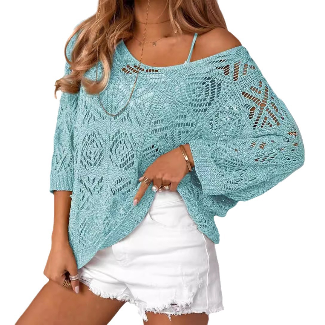 European And American Spring And Summer Crochet Hollow-out Three-quarter Sleeve Pullover Sweater Off-the-shoulder T-shirt