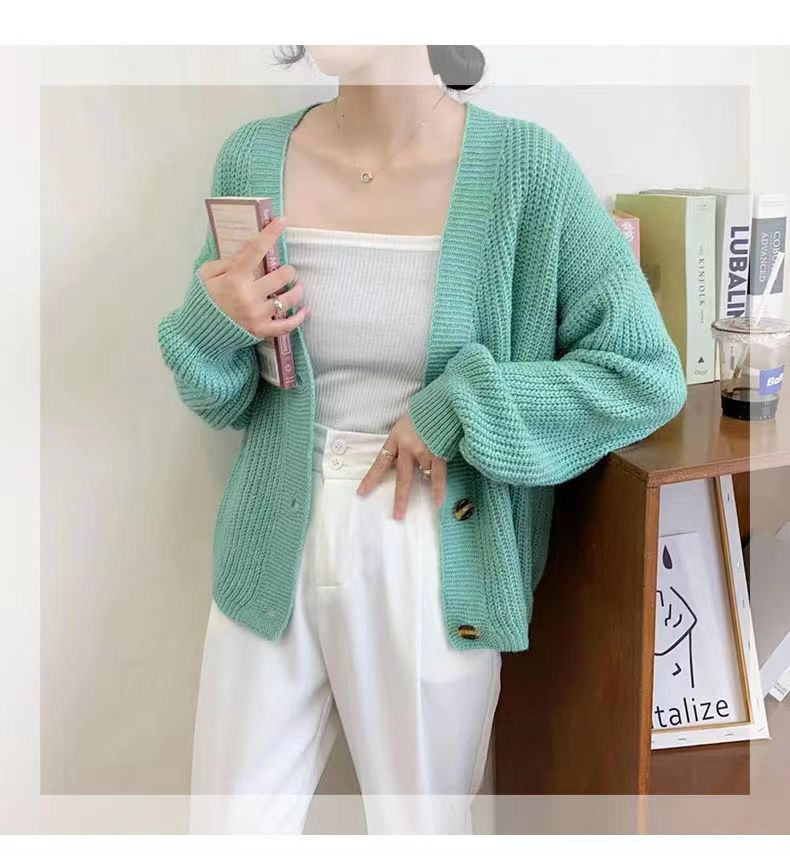 V-neck Loose And Lazy Style Base Knitting Cardigan Women's Top