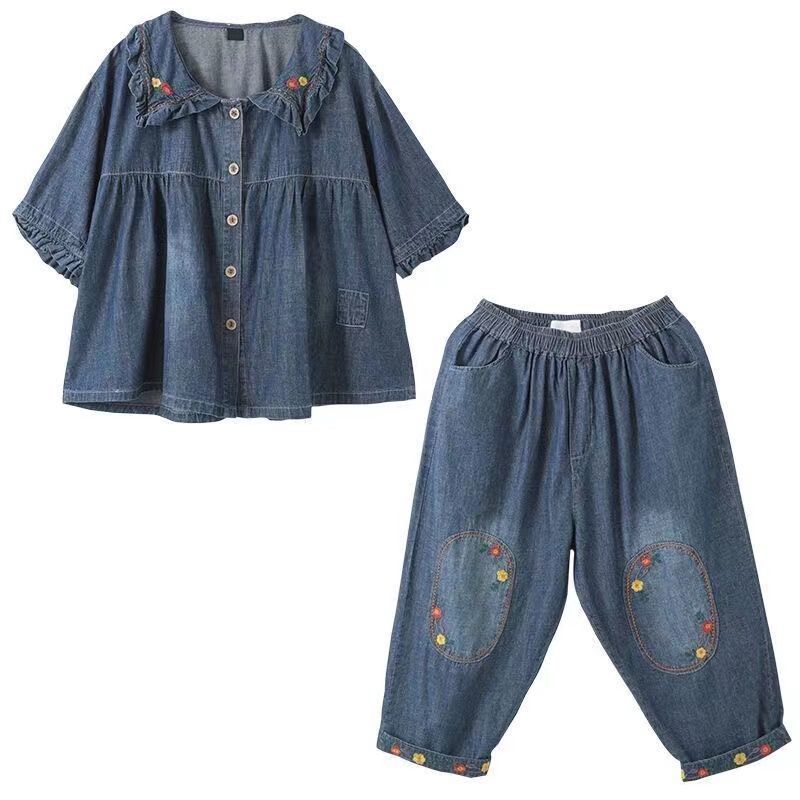Fat Women's Clothing Plump Girls Flab Hiding Embroidery Loose Two-piece Suit