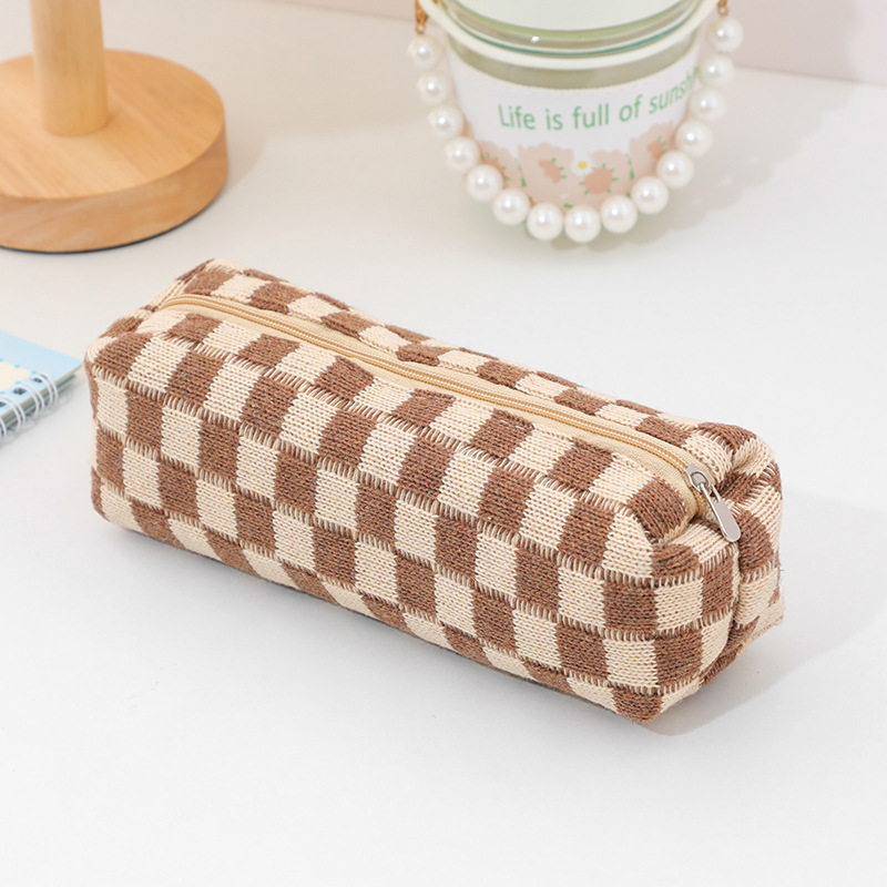 Korean-style Knitted Wool Chessboard Grid Pencil Case Simple Storage Bag