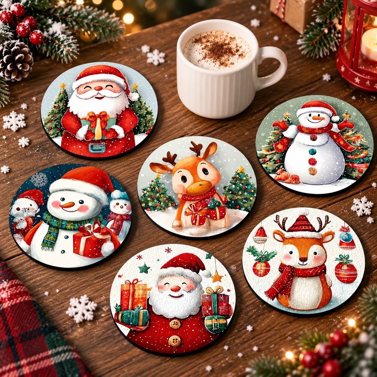 Santa Claus And Snowman Wooden Drink Coaster Craft Decorations