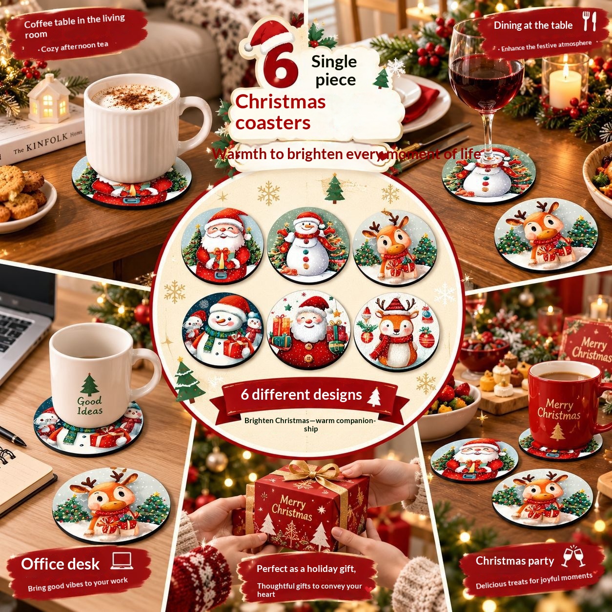 Santa Claus And Snowman Wooden Drink Coaster Craft Decorations