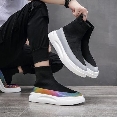Men's Fly Woven Breathable Soft Sole High Top Socks Shoes