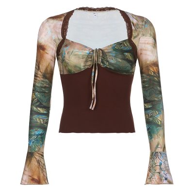 Women's Printed Lace Patchwork V-neck Bust Lace-up Top