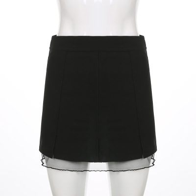 Low Waist Slit Stitching Mesh Gauze Double Elastic Skirt Female