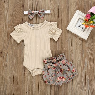 Girl Baby Set Short Sleeved Jumpsuit Crawling Suit Floral Shorts Headwear