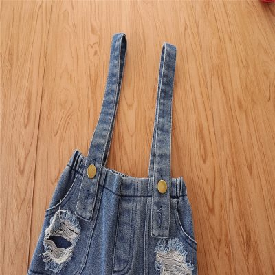 Girls' Suit New Children's Mesh Sleeves Top Denim Suspender Pants Two-piece Set
