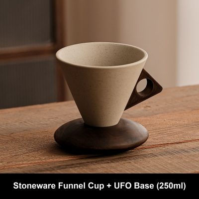 Vintage Handmade Stoneware Funnel Coffee Mug With Wooden Base, 6oz Or 8.5oz Rustic Ceramic Tea Cup, Matte Glaze Pottery Latte Cup For Home Cafe