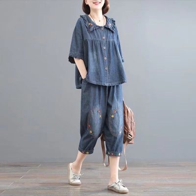 Fat Women's Clothing Plump Girls Flab Hiding Embroidery Loose Two-piece Suit